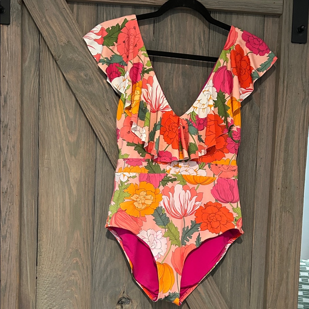 Trina Turk Pink Floral V-Neck Ruffle Swimsuit